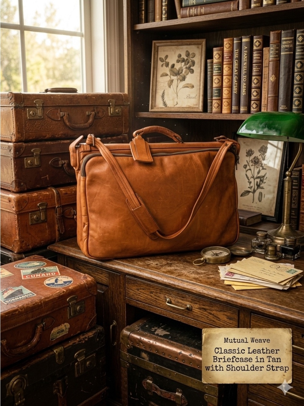 Classic Leather Briefcase in Tan with Shoulder Strap